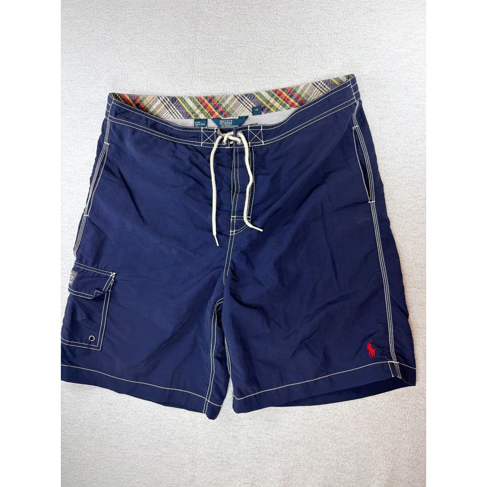 VTG Polo Ralph Lauren Plaid Lining Navy Blue Swim Trunks Cargo Pocket L